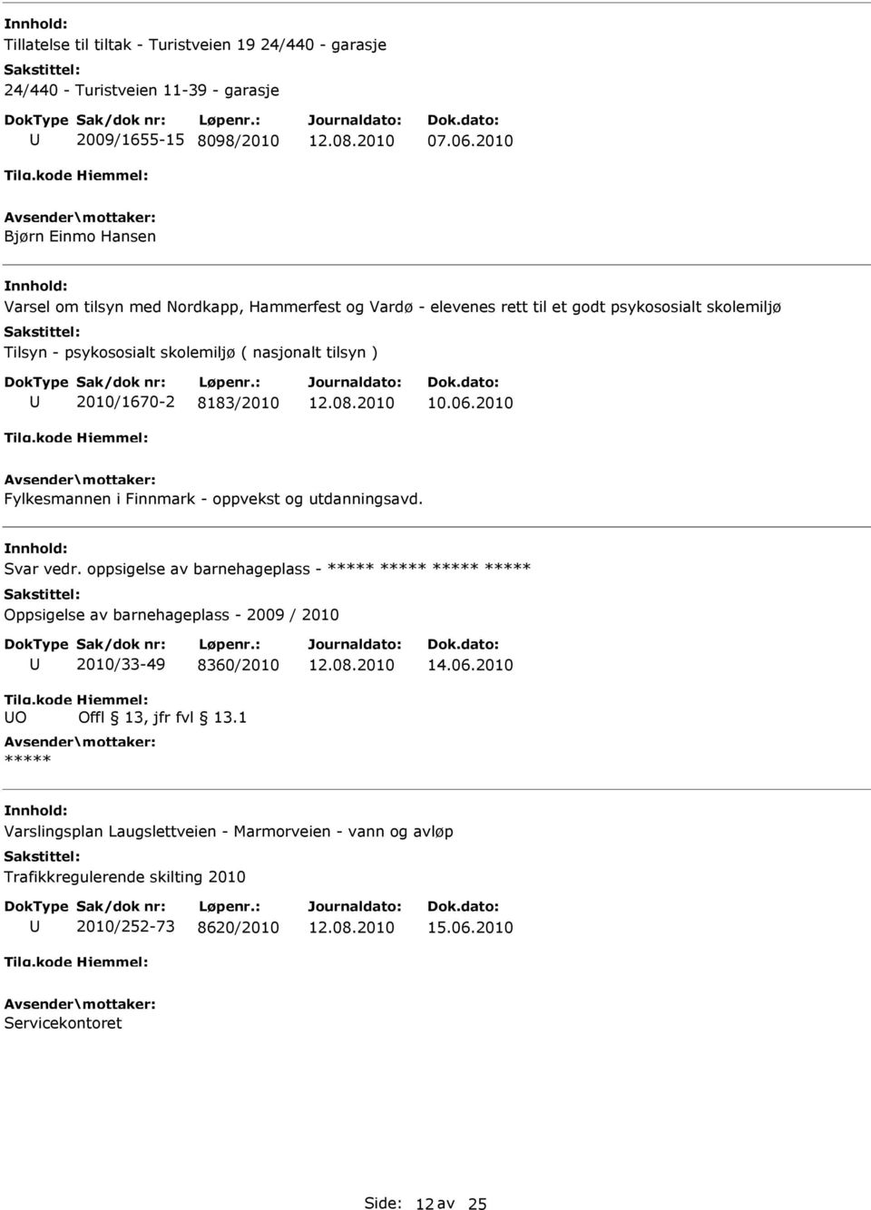 skolemiljø ( nasjonalt tilsyn ) 2010/1670-2 8183/2010 10.06.2010 Fylkesmannen i Finnmark - oppvekst og utdanningsavd. Svar vedr.