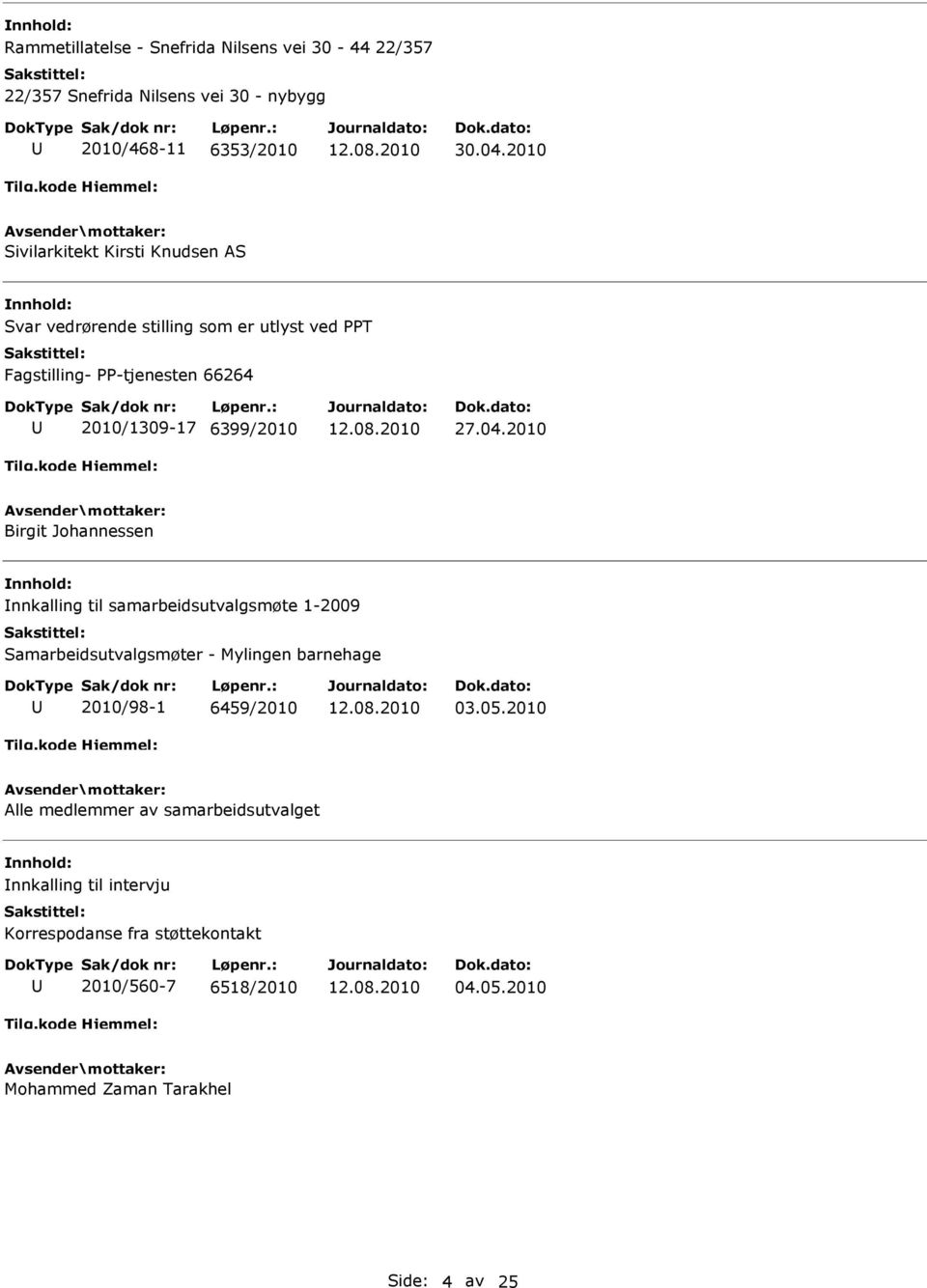 04.2010 Birgit Johannessen nnkalling til samarbeidsutvalgsmøte 1-2009 Samarbeidsutvalgsmøter - Mylingen barnehage 2010/98-1 6459/2010 03.05.