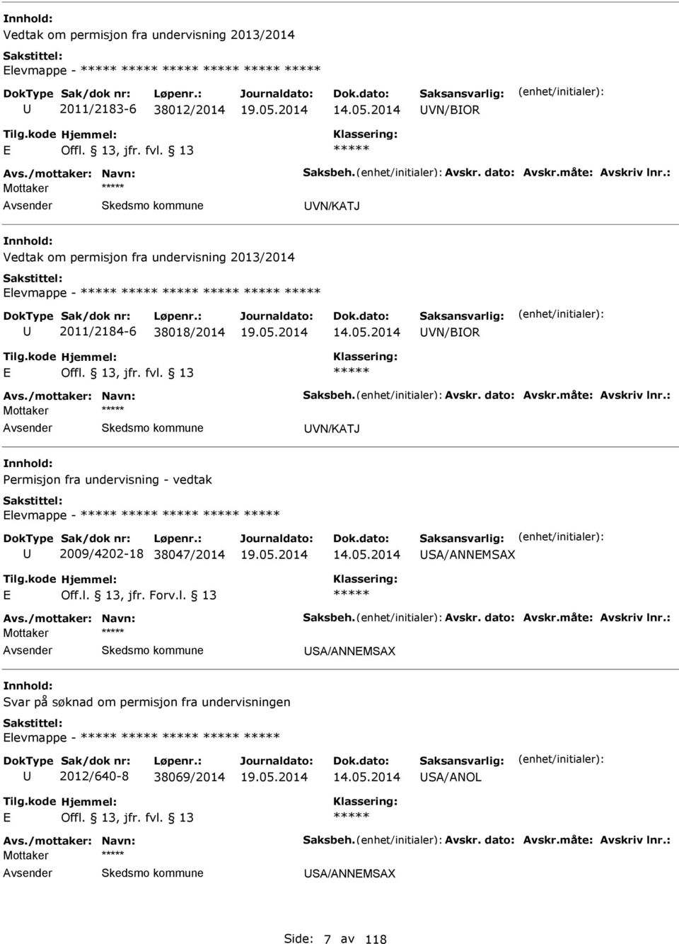 2014 VN/BOR VN/KTJ Permisjon fra undervisning - vedtak levmappe - 2009/4202-18 38047/2014 14.05.2014 S/NNMSX Off.