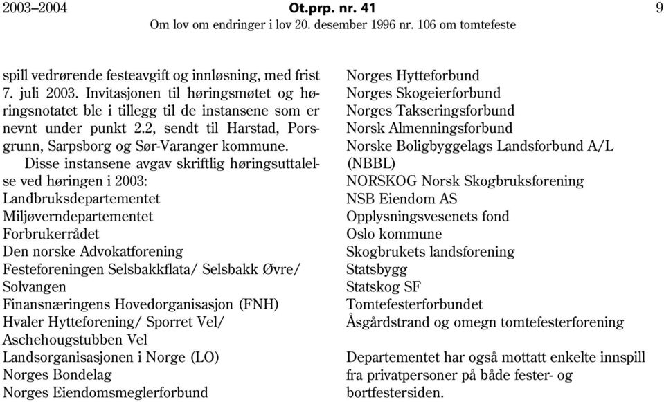 Disse instansene avgav skriftlig høringsuttalelse ved høringen i 2003: Landbruksdepartementet Miljøverndepartementet Forbrukerrådet Den norske Advokatforening Festeforeningen Selsbakkflata/ Selsbakk