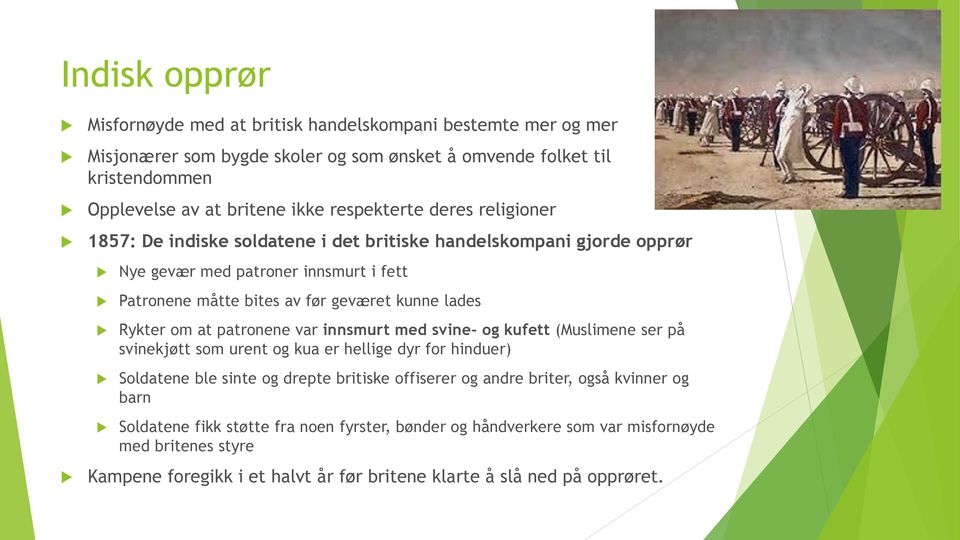 Rykter om at patronene var innsmurt med svine- og kufett (Muslimene ser på svinekjøtt som urent og kua er hellige dyr for hinduer) Soldatene ble sinte og drepte britiske offiserer og andre