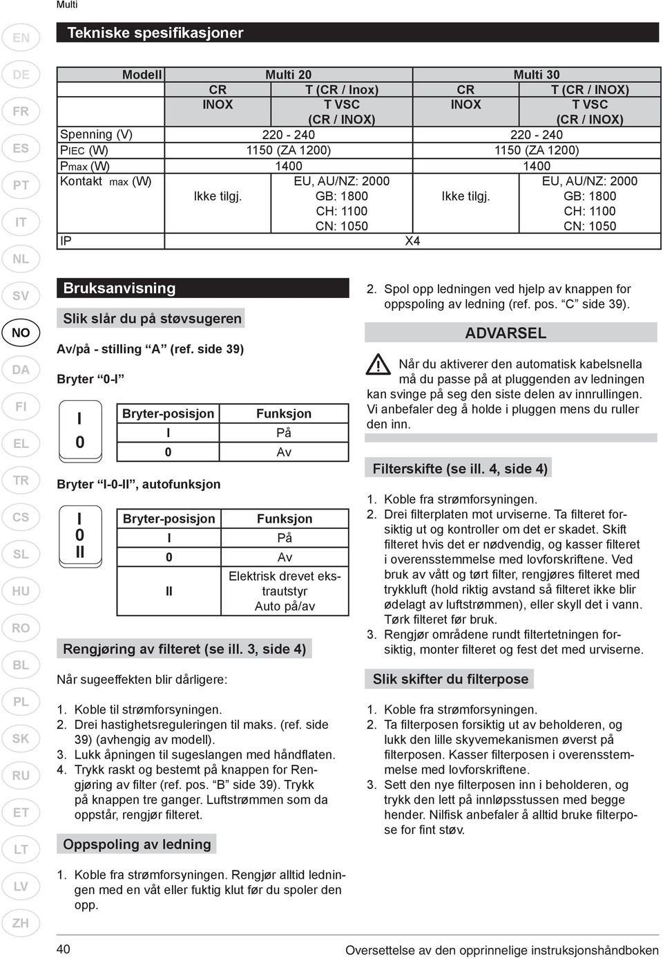 GB: 1800 CH: 1100 CN: 1050 IP X4 SV NO DA FI EL TR CS SL HU RO BL PL SK RU ET LT LV ZH Bruksanvisning Slik slår du på støvsugeren Av/på - stilling A (ref.