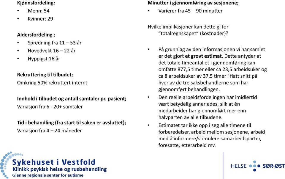 pasient; Variasjon fra 6-20+ samtaler Tid i behandling (fra start til saken er avsluttet); Variasjon fra 4 24 måneder Minutter i gjennomføring av sesjonene; Varierer fra 45 90 minutter Hvilke