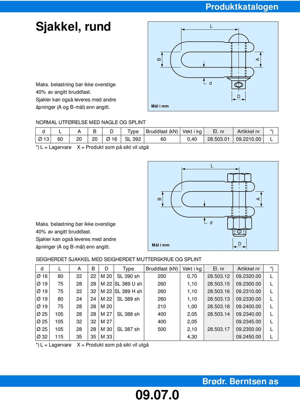 belastning bør ikke overstige 40% av angitt bruddlast. Sjakler kan også leveres med andre åpninger ( og -mål) enn angitt.