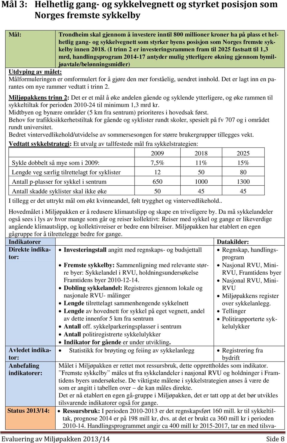 (I trinn 2 er investeringsrammen fram til 2025 fastsatt til 1,3 mrd, handlingsprogram 2014-17 antyder mulig ytterligere økning gjennom bymiljøavtale/belønningsmidler) Utdyping av målet: