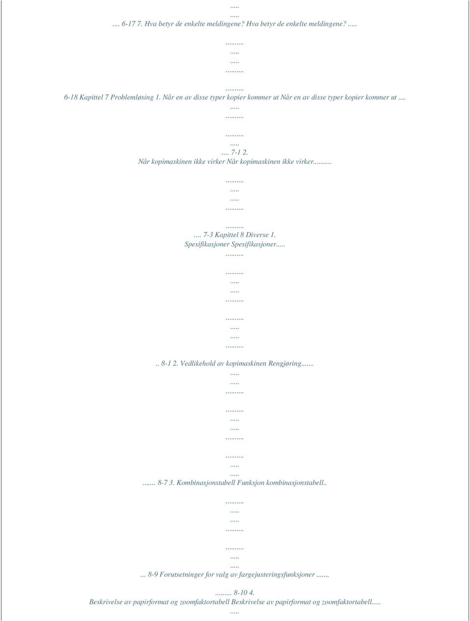 .. 7-3 Kapittel 8 Diverse 1. Spesifikasjoner Spesifikasjoner.. 8-1 2. Vedlikehold av kopimaskinen Rengjøring.... 8-7 3.