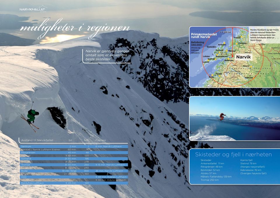 ferge Kiruna Lufthavn 2 t 20 min. Oslo Stockholm Bardufoss Lufthavn 1t 45 min. km flyplass 1 76 48 120 195 238 250 240 300 160 6 min. Narvik Lufthavn Narvik Skisteder og fjell i nærheten 1t 15 min.