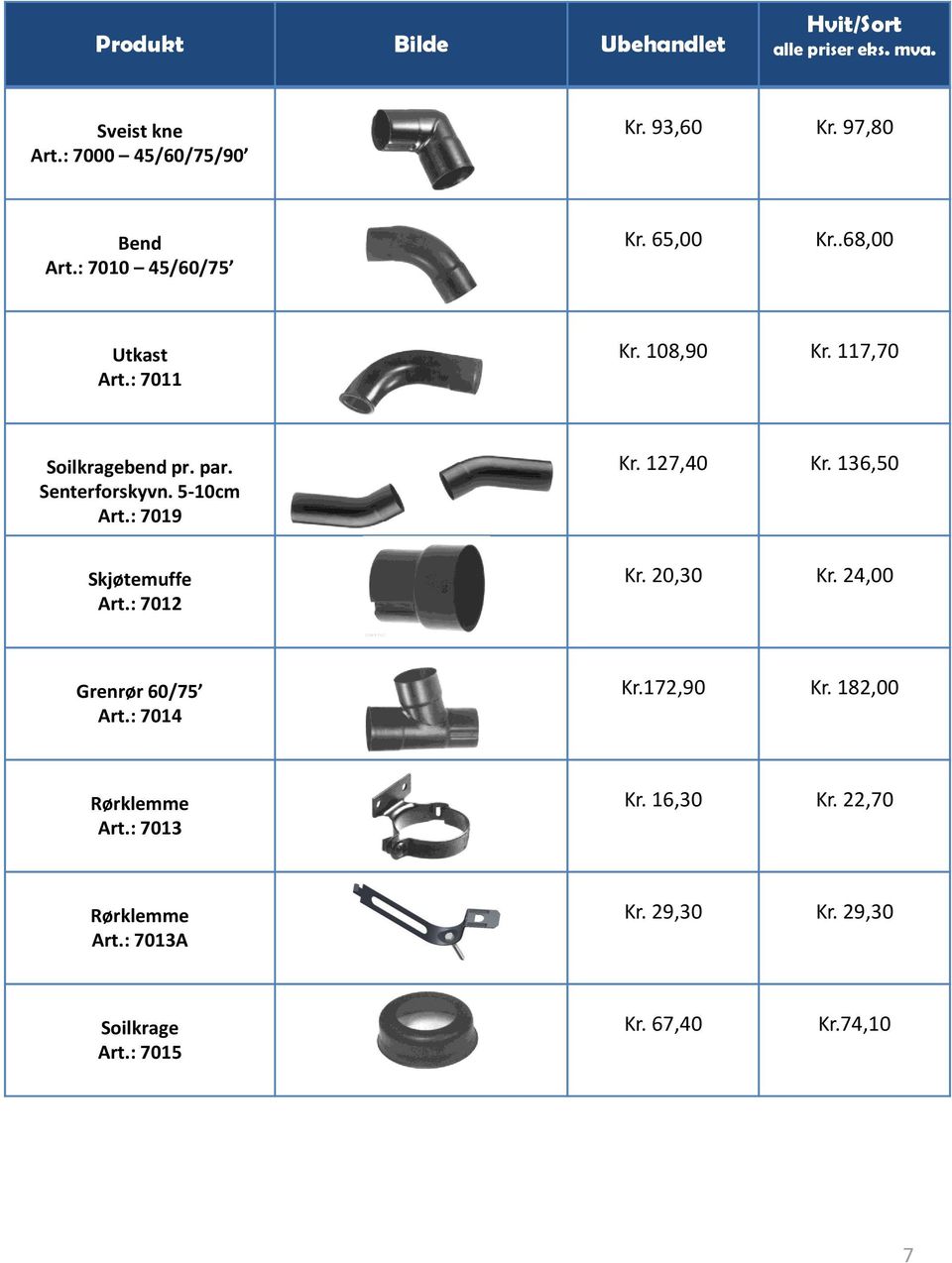 5-10cm Art.: 7019 Skjøtemuffe Art.: 7012 Kr. 127,40 Kr. 136,50 Kr. 20,30 Kr. 24,00 Grenrør 60/75 Art.: 7014 Kr.172,90 Kr.