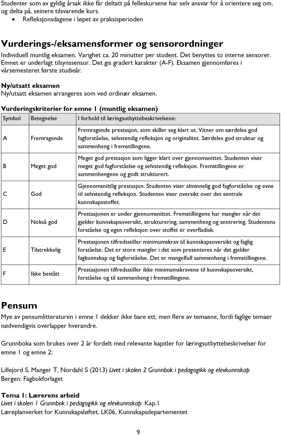 Emnet er underlagt tilsynssensur. Det gis gradert karakter (A-F). Eksamen gjennomføres i vårsemesteret første studieår. Ny/utsatt eksamen Ny/utsatt eksamen arrangeres som ved ordinær eksamen.