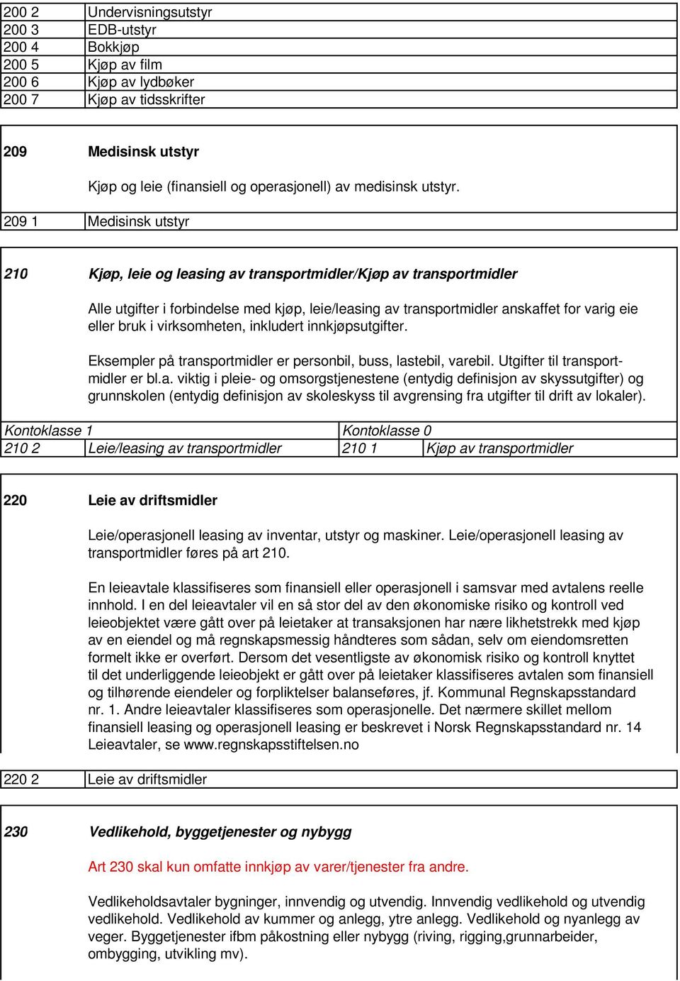 209 1 Medisinsk utstyr 210 Kjøp, leie og leasing av transportmidler/kjøp av transportmidler Alle utgifter i forbindelse med kjøp, leie/leasing av transportmidler anskaffet for varig eie eller bruk i