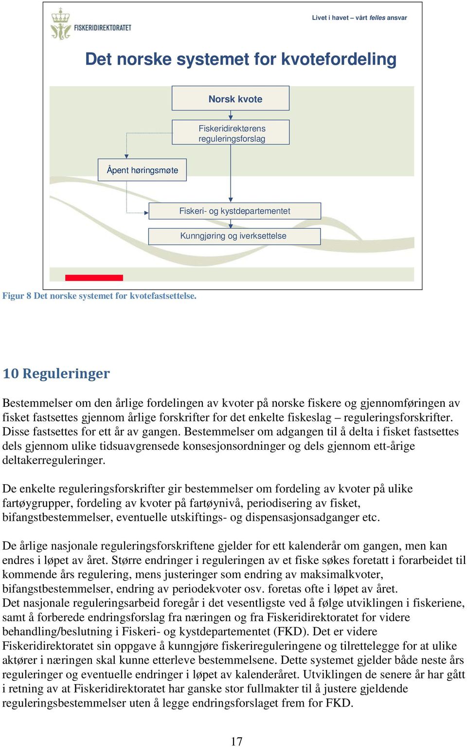 10 Reguleringer Bestemmelser om den årlige fordelingen av kvoter på norske fiskere og gjennomføringen av fisket fastsettes gjennom årlige forskrifter for det enkelte fiskeslag reguleringsforskrifter.