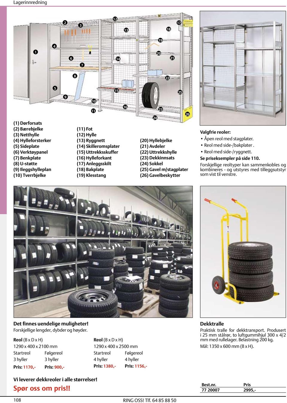 (22) Uttrekkshylle (23) Dekkinnsats (24) Sokkel (25) Gavel m/stagplater (26) Gavelbeskytter Valgfrie reoler: Åpen reol med stagplater. Reol med side-/bakplater. Reol med side-/ryggnett.