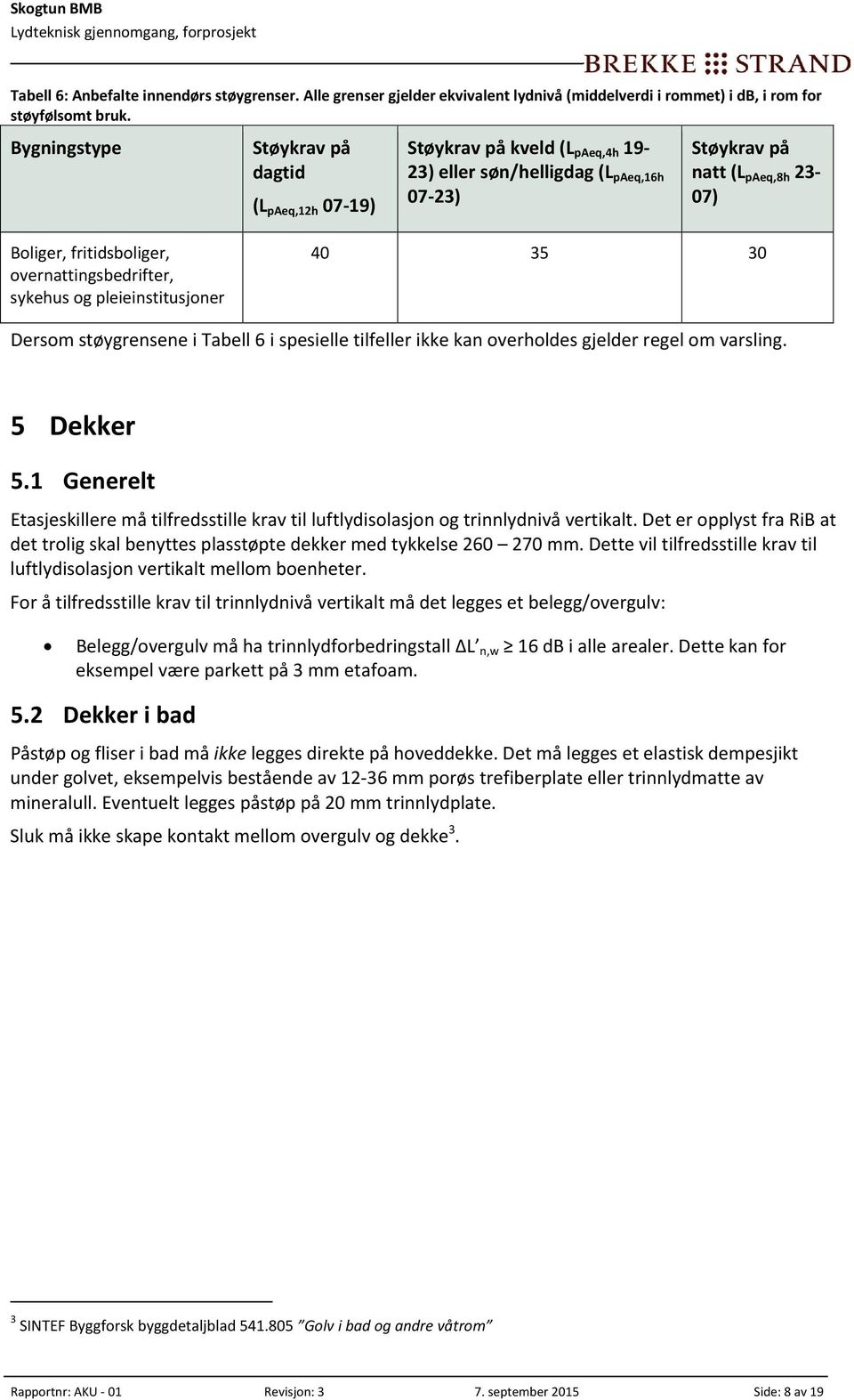 overnattingsbedrifter, sykehus og pleieinstitusjoner 40 35 30 Dersom støygrensene i Tabell 6 i spesielle tilfeller ikke kan overholdes gjelder regel om varsling. 5 Dekker 5.