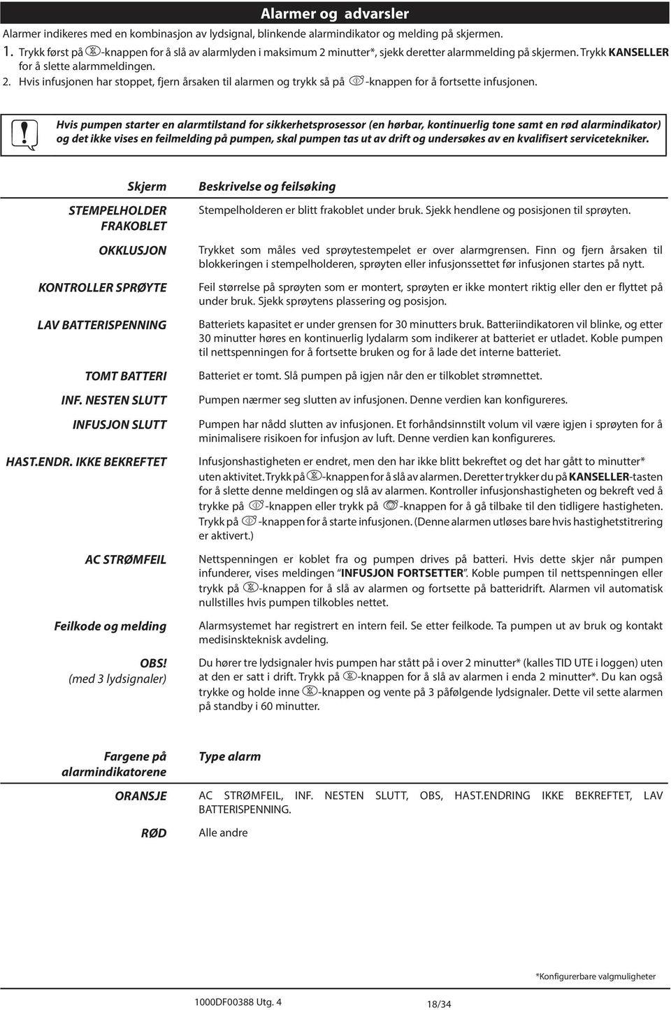 Hvis pumpen starter en alarmtilstand for sikkerhetsprosessor (en hørbar, kontinuerlig tone samt en rød alarmindikator) og det ikke vises en feilmelding på pumpen, skal pumpen tas ut av drift og