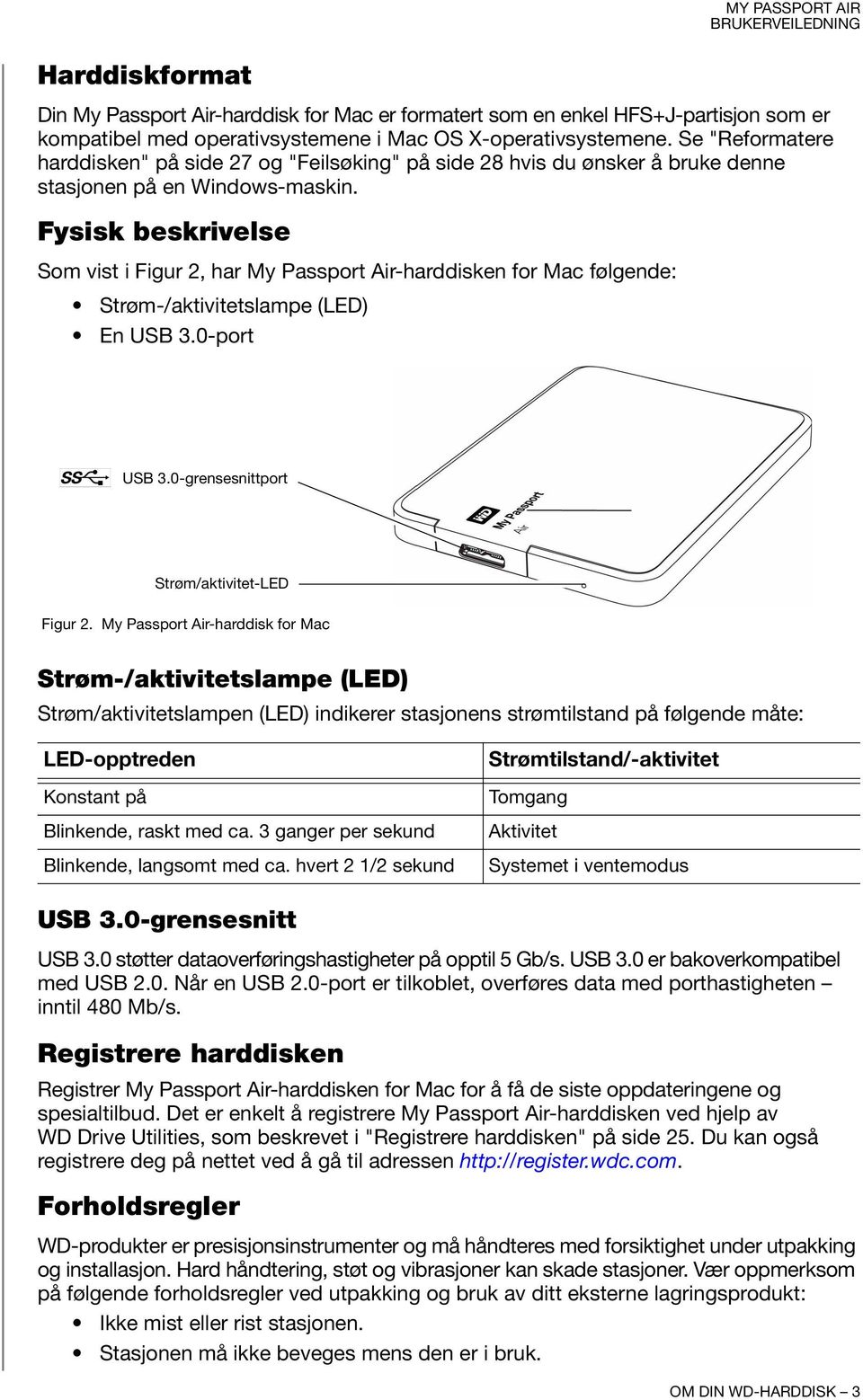 Fysisk beskrivelse Som vist i Figur 2, har My Passport Air-harddisken for Mac følgende: Strøm-/aktivitetslampe (LED) En USB 3.0-port USB 3.0-grensesnittport Strøm/aktivitet-LED Figur 2.