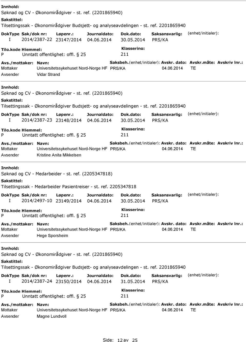 (2205347818) Tilsettingssak - Medarbeider asientreiser - st. ref. 2205347818 2014/2497-10 23149/2014 30.05.2014 RS/KA Mottaker niversitetssykehuset Nord-Norge HF RS/KA TE Hege Sporsheim nnhold: 2014/2387-24 23150/2014 31.