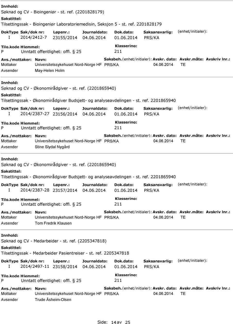 2201828179 2014/2412-7 23155/2014 RS/KA Mottaker niversitetssykehuset Nord-Norge HF RS/KA TE May-Helen Holm nnhold: 2014/2387-27 23156/2014 RS/KA Mottaker