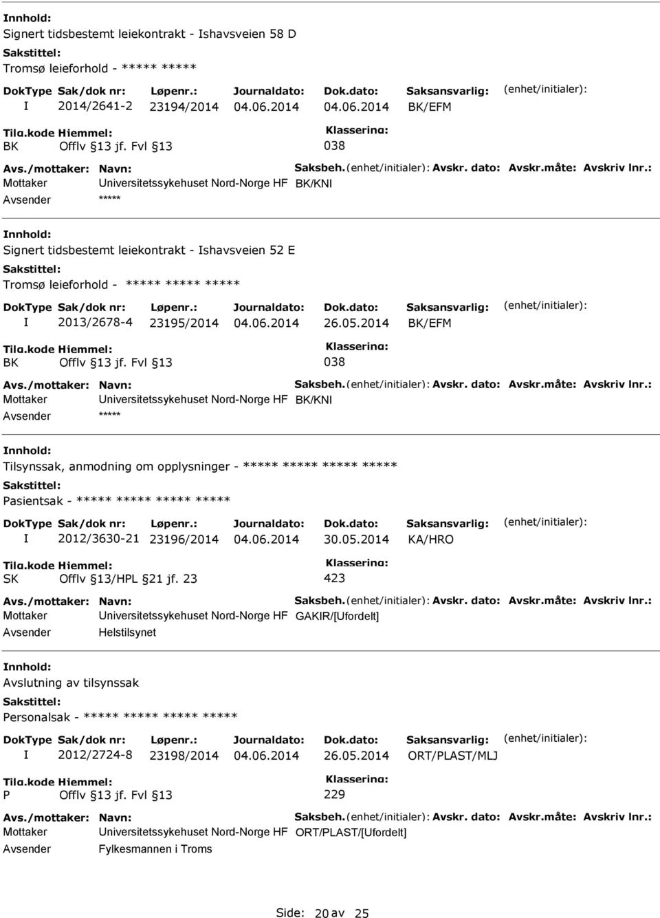 2014 BK/EFM BK 038 Mottaker niversitetssykehuset Nord-Norge HF BK/KN ***** nnhold: Tilsynssak, anmodning om opplysninger - ***** ***** ***** ***** asientsak - ***** ***** ***** ***** 2012/3630-21