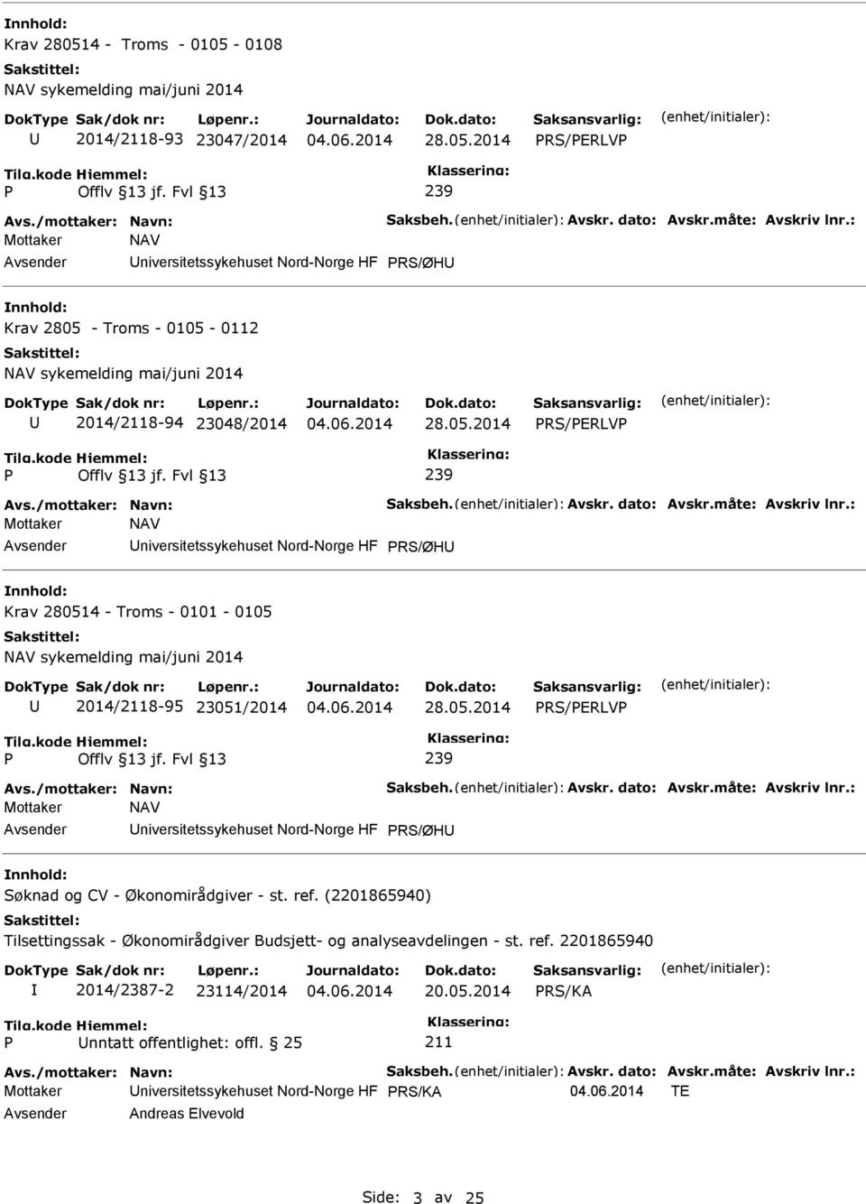 Nord-Norge HF RS/ØH nnhold: Krav 280514 - Troms - 0101-0105 NAV sykemelding mai/juni 2014 2014/8-95 23051/2014 RS/ERLV 239 Mottaker NAV