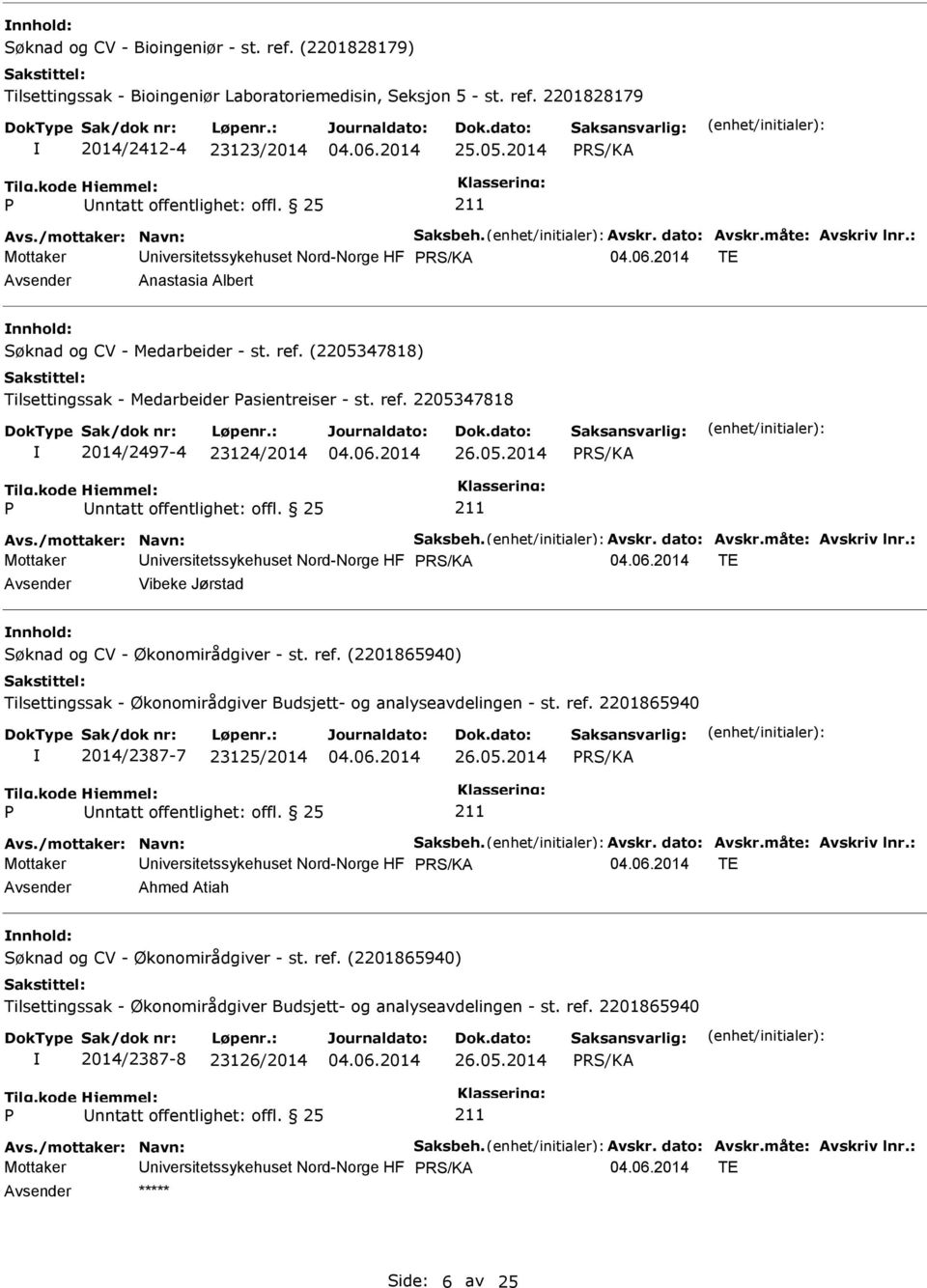 (2205347818) Tilsettingssak - Medarbeider asientreiser - st. ref. 2205347818 2014/2497-4 23124/2014 26.05.2014 RS/KA Mottaker niversitetssykehuset Nord-Norge HF RS/KA TE Vibeke Jørstad nnhold: 2014/2387-7 23125/2014 26.