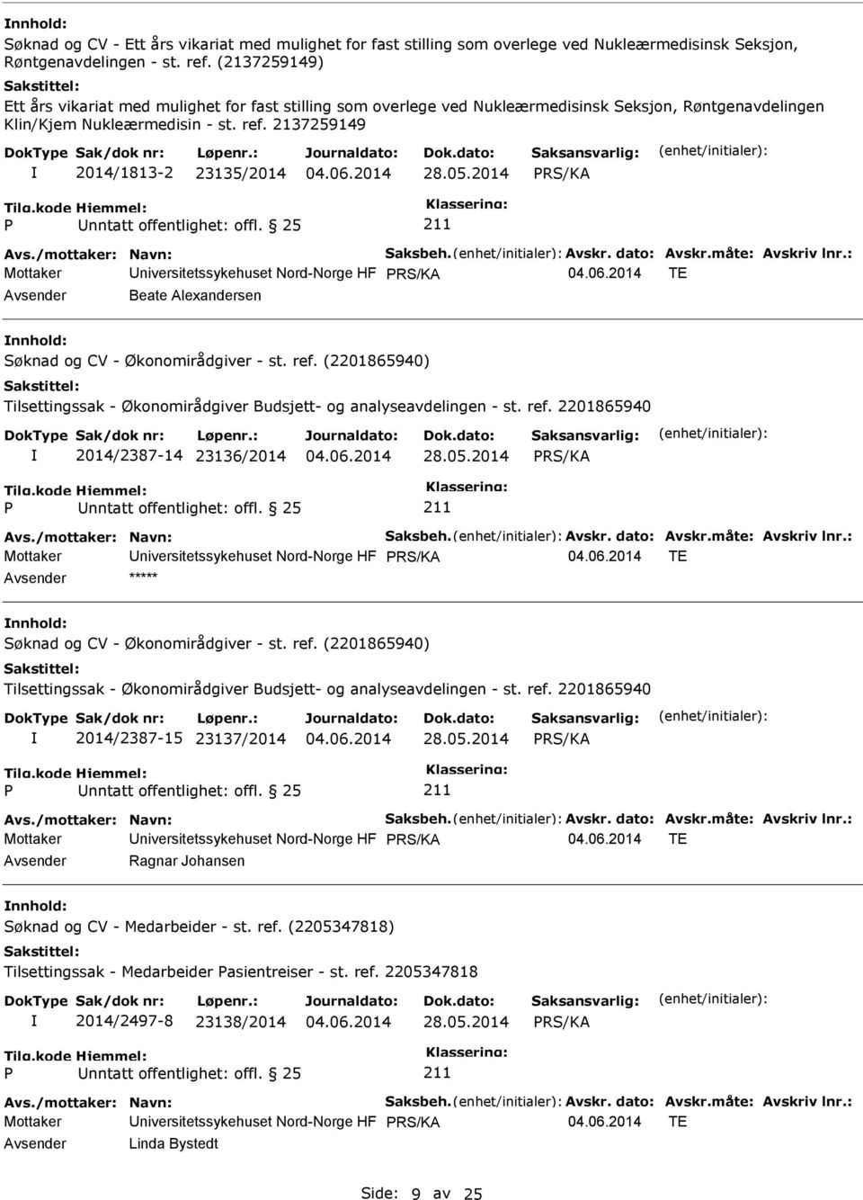 2137259149 2014/1813-2 23135/2014 RS/KA Mottaker niversitetssykehuset Nord-Norge HF RS/KA TE Beate Alexandersen nnhold: 2014/2387-14 23136/2014 RS/KA Mottaker niversitetssykehuset Nord-Norge HF RS/KA