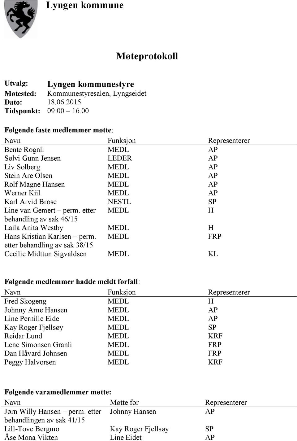 AP Karl Arvid Brose NESTL SP Line van Gemert perm. etter MEDL H behandling av sak 46/15 Laila Anita Westby MEDL H Hans Kristian Karlsen perm.