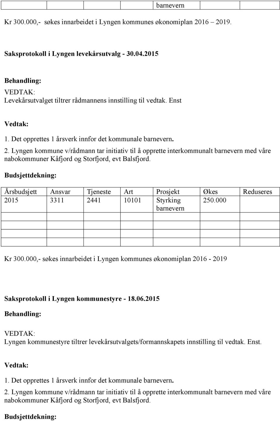 Budsjettdekning: Årsbudsjett Ansvar Tjeneste Art Prosjekt Økes Reduseres 2015 3311 2441 10101 Styrking 250.000 barnevern Kr 300.