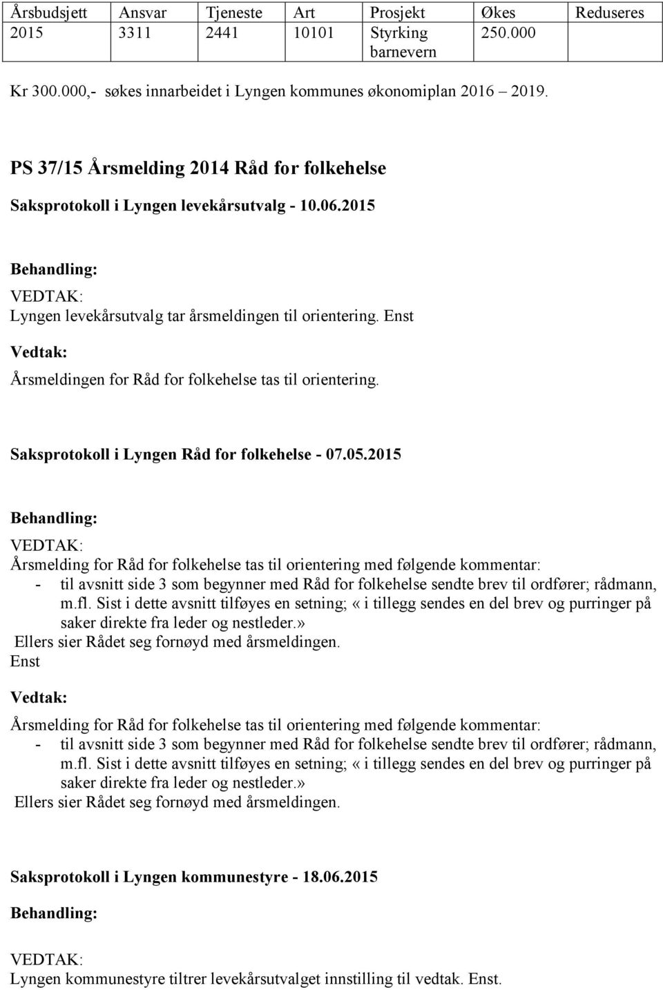 Enst Årsmeldingen for Råd for folkehelse tas til orientering. Saksprotokoll i Lyngen Råd for folkehelse - 07.05.