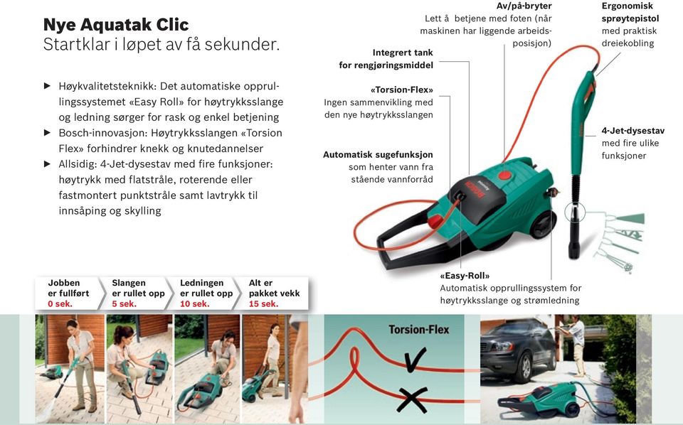 knekk og knutedannelser E Allsidig: 4-Jet-dysestav med fire funksjoner: høytrykk med flatstråle, roterende eller fastmontert punktstråle samt lavtrykk til innsåping og skylling Integrert tank for