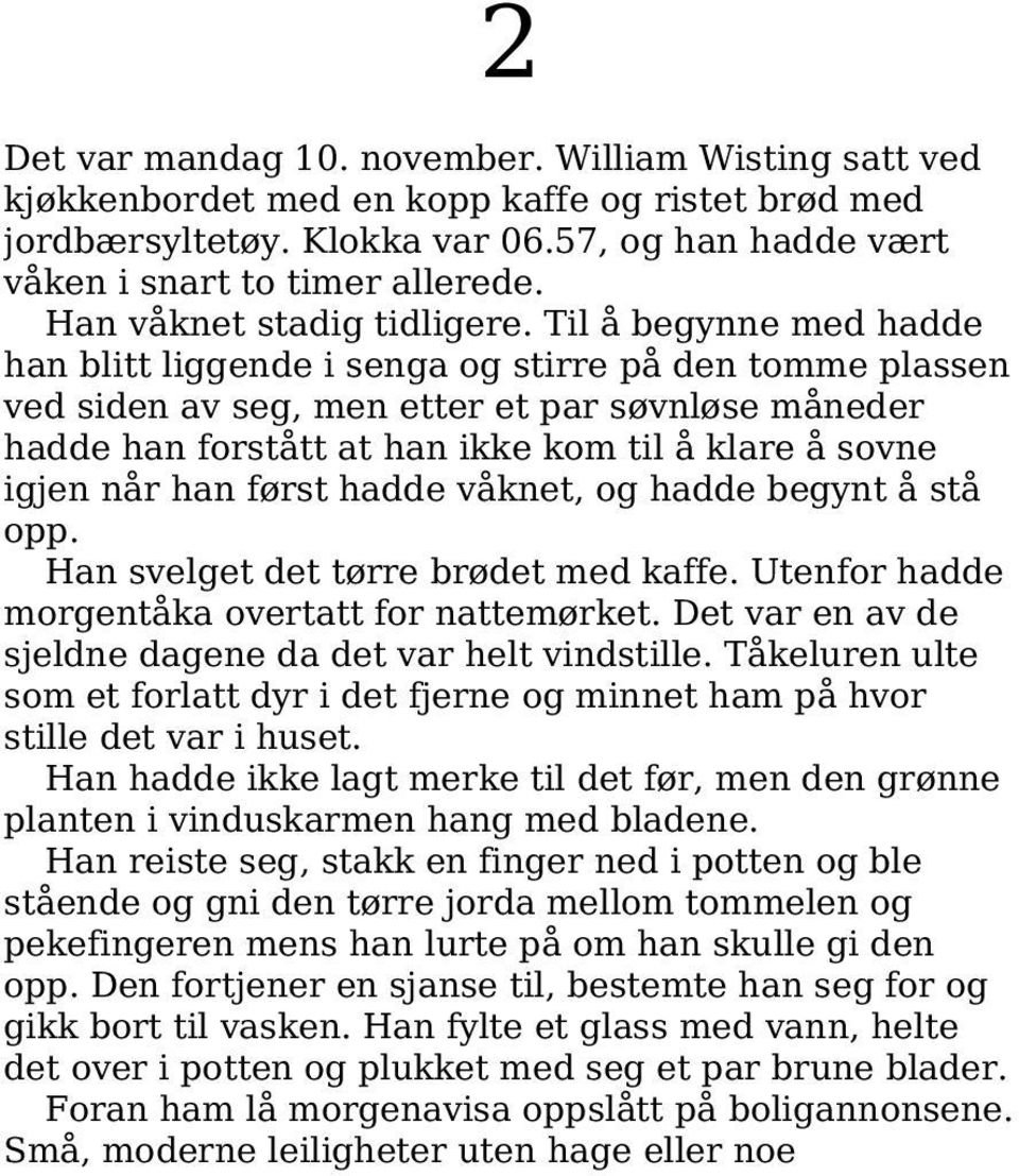 Til å begynne med hadde han blitt liggende i senga og stirre på den tomme plassen ved siden av seg, men etter et par søvnløse måneder hadde han forstått at han ikke kom til å klare å sovne igjen når