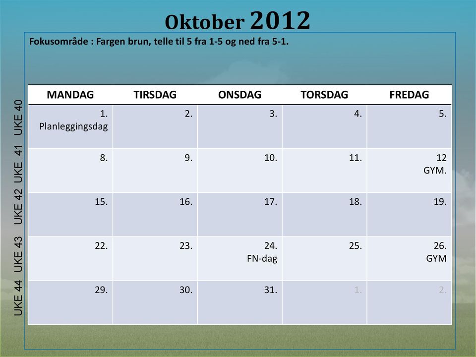 fra 5-1. 1. Planleggingsdag 2. 3. 4. 5. 8. 9. 10. 11.