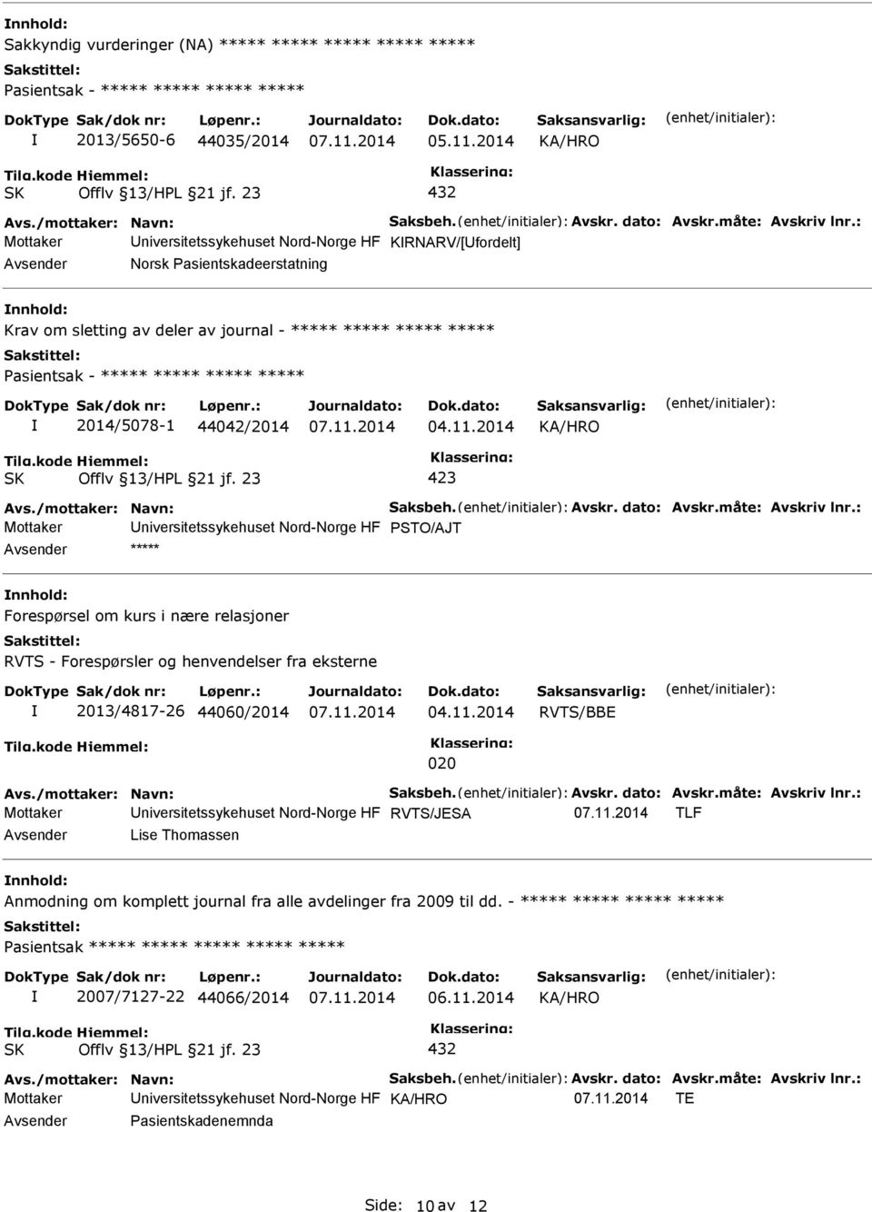 2014 Mottaker niversitetssykehuset Nord-Norge HF PSTO/AJT ***** Forespørsel om kurs i nære relasjoner RVTS - Forespørsler og henvendelser fra eksterne 2013/4817-26 44060/2014 04.11.