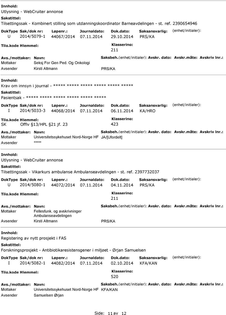 Og Onkologi Kirsti Altmann PRS/KA Krav om innsyn i journal - ***** ***** ***** ***** ***** ***** ***** ***** 2014/5033-3 44068/2014 Mottaker niversitetssykehuset Nord-Norge HF JA/[fordelt] *****