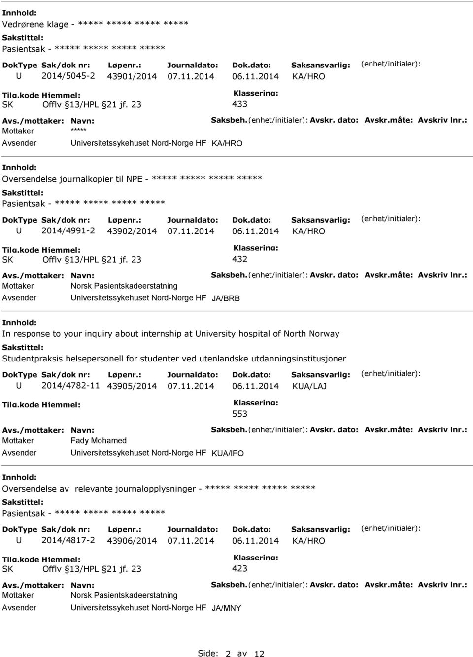 Studentpraksis helsepersonell for studenter ved utenlandske utdanningsinstitusjoner 2014/4782-11 43905/2014 KA/LAJ 553 Mottaker Fady Mohamed niversitetssykehuset Nord-Norge HF