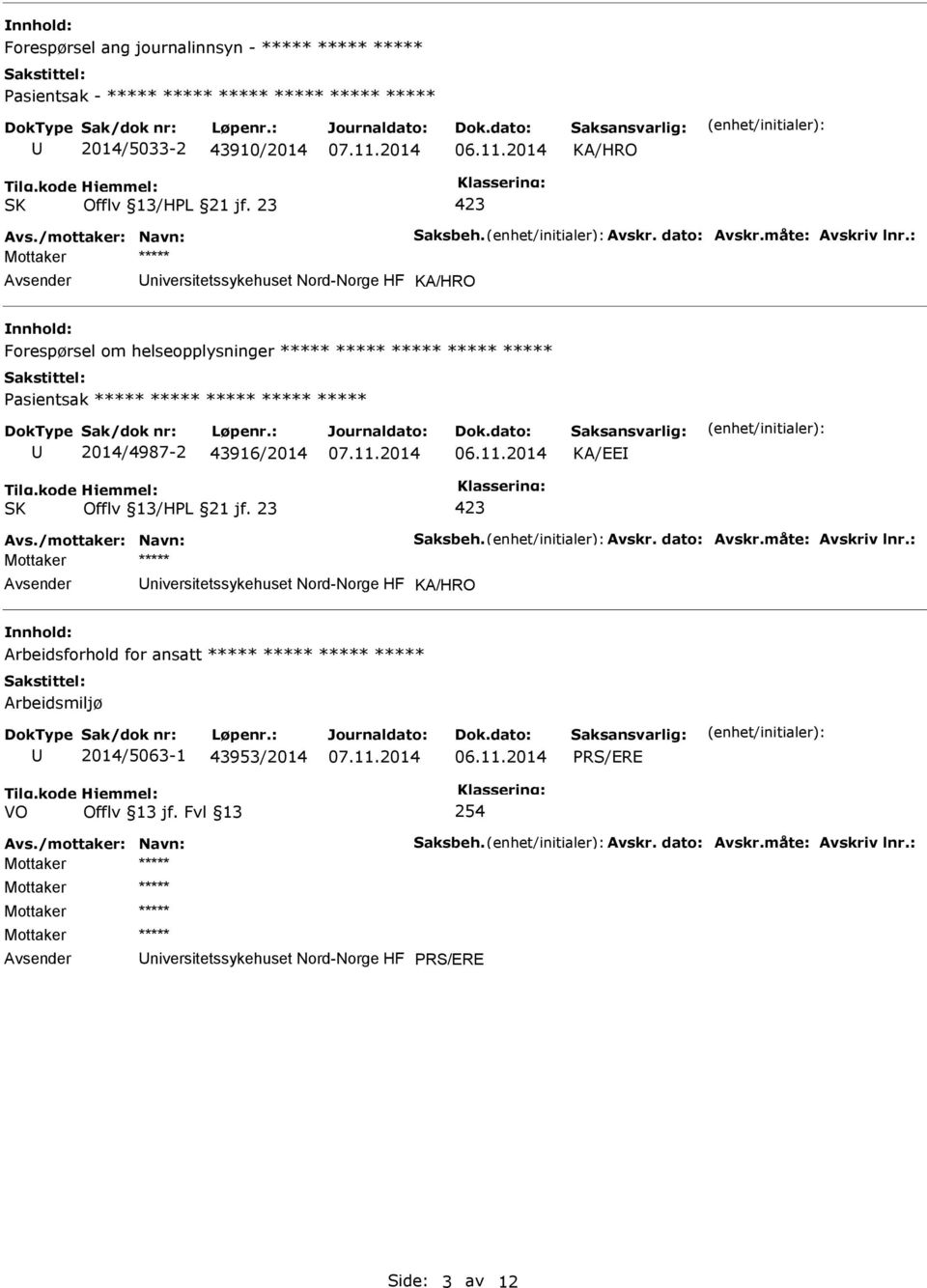 KA/EE niversitetssykehuset Nord-Norge HF Arbeidsforhold for ansatt ***** ***** ***** ***** Arbeidsmiljø 2014/5063-1 43953/2014