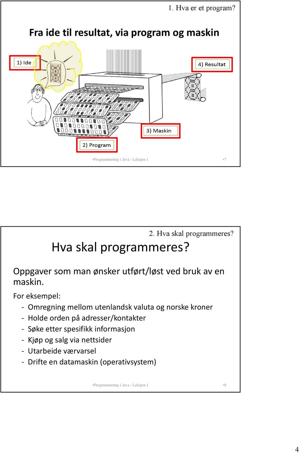 Hva skal programmeres? Oppgaver som man ønsker utført/løst ved bruk av en maskin.