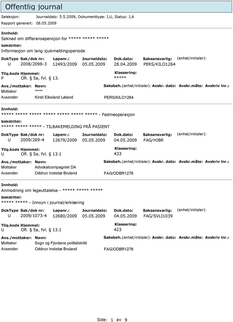 Mottaker Kirsti Eikeland Løland PERS/KLO1264 - Fedmeoperasjon - TLBAKEMELDNG FRÅ PASENT 2009/269-4 12679/2009 FAG/HJBR 433 Mottaker