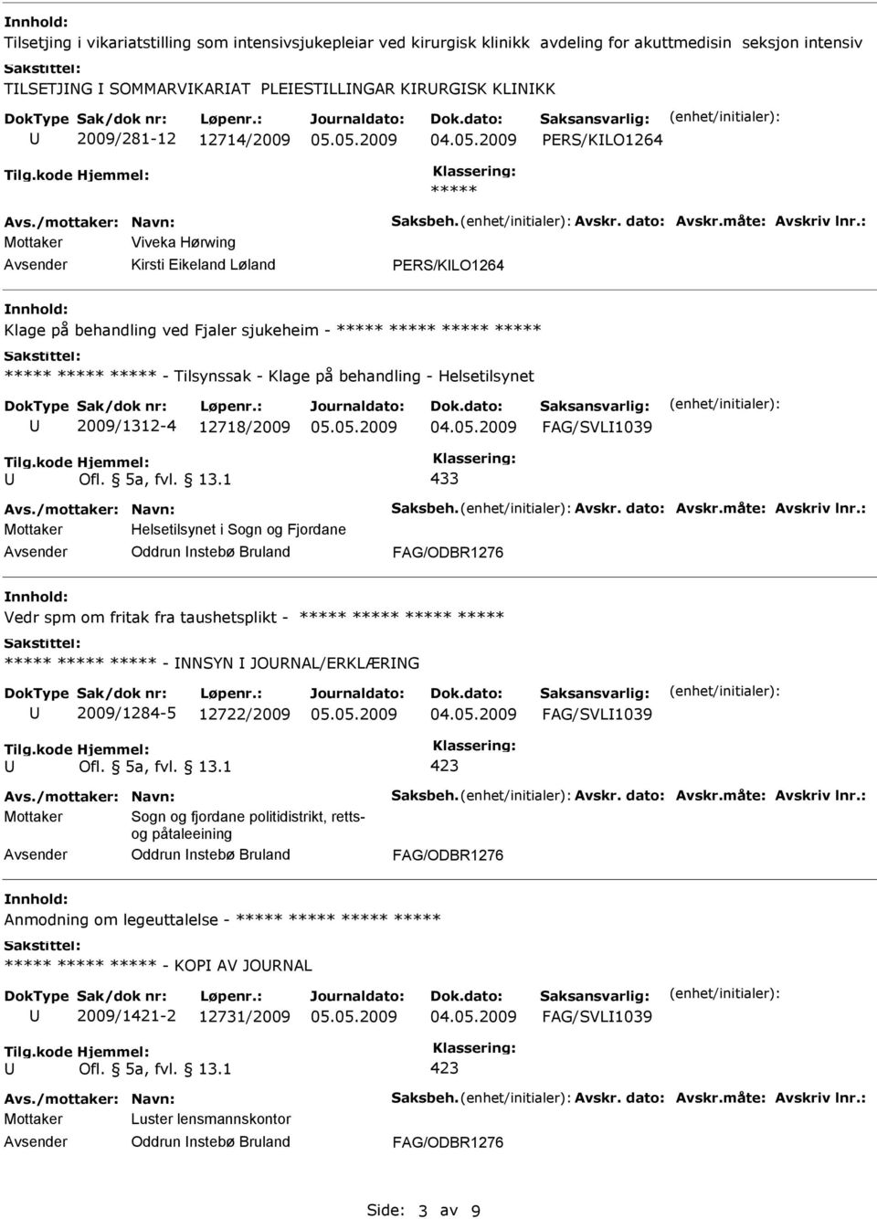 FAG/SVL1039 433 Mottaker Helsetilsynet i Sogn og Fjordane Oddrun nstebø Bruland Vedr spm om fritak fra taushetsplikt - - NNSYN JORNAL/ERKLÆRNG 2009/1284-5 12722/2009 FAG/SVL1039 Mottaker Sogn og