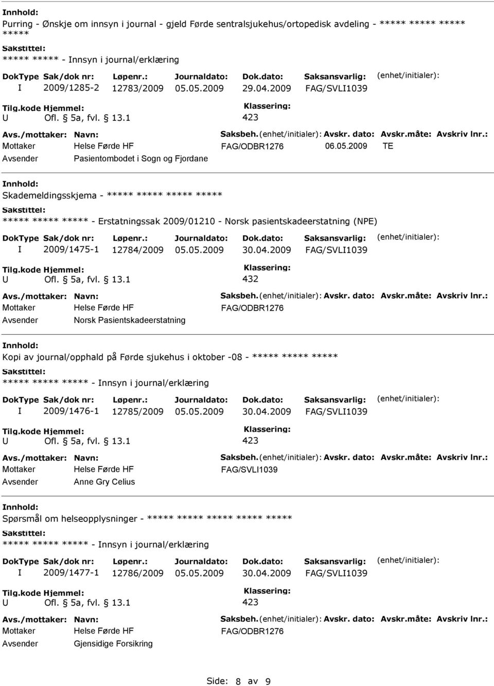 FAG/SVL1039 432 Norsk Pasientskadeerstatning Kopi av journal/opphald på Førde sjukehus i oktober -08 - - nnsyn i journal/erklæring 2009/1476-1 12785/2009