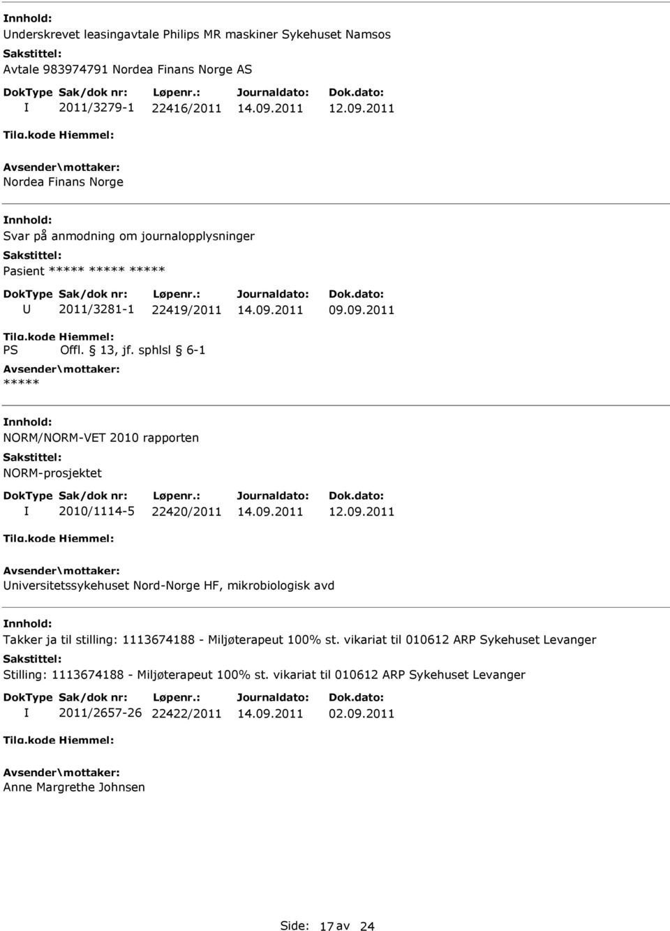 09.2011 NORM/NORM-VET 2010 rapporten NORM-prosjektet 2010/1114-5 22420/2011 niversitetssykehuset Nord-Norge HF, mikrobiologisk avd Takker ja til stilling: