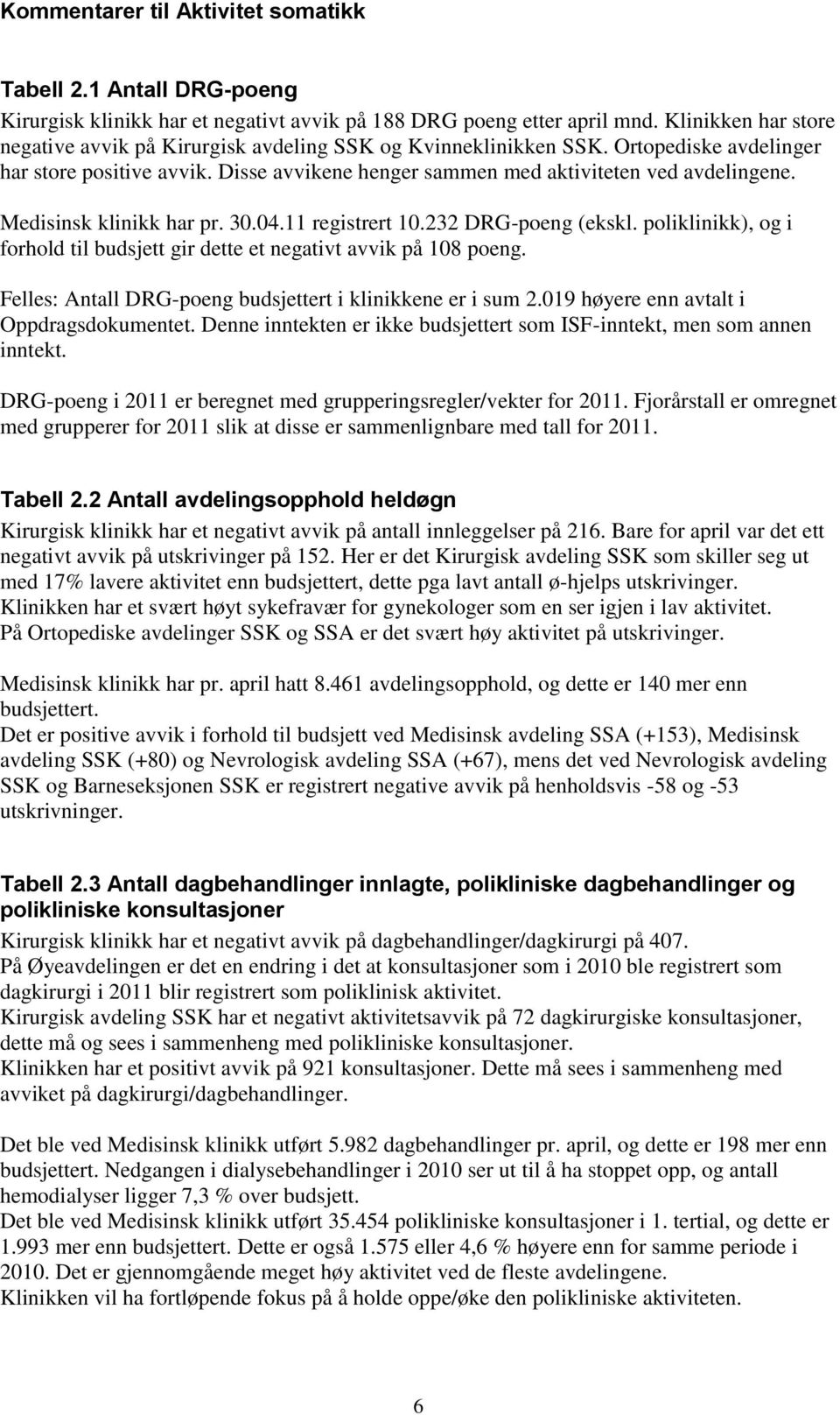 Medisinsk klinikk har pr. 30.04.11 registrert 10.232 DRG-poeng (ekskl. poliklinikk), og i forhold til gir dette et negativt avvik på 108 poeng. Felles: Antall DRG-poeng ert i klinikkene er i sum 2.