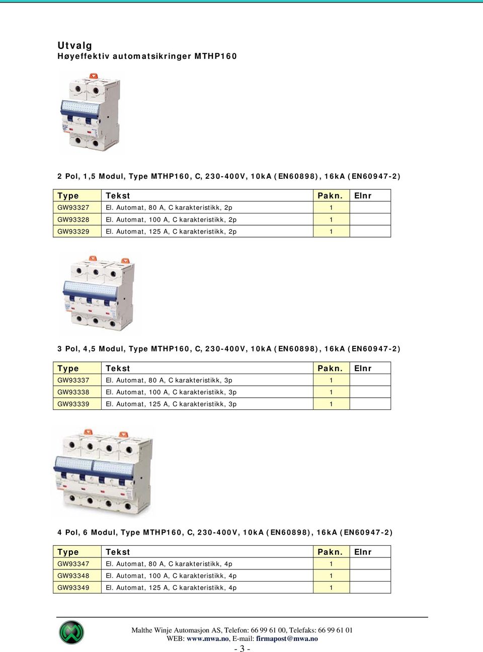 Automat, 80 A, C karakteristikk, 3p 1 GW93338 El. Automat, 100 A, C karakteristikk, 3p 1 GW93339 El.