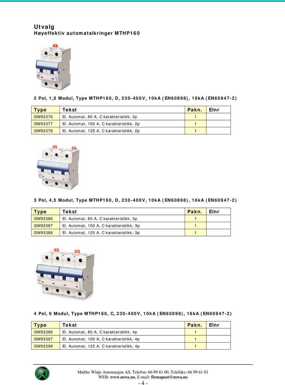 Automat, 80 A, C karakteristikk, 3p 1 GW93387 El. Automat, 100 A, C karakteristikk, 3p 1 GW93388 El.