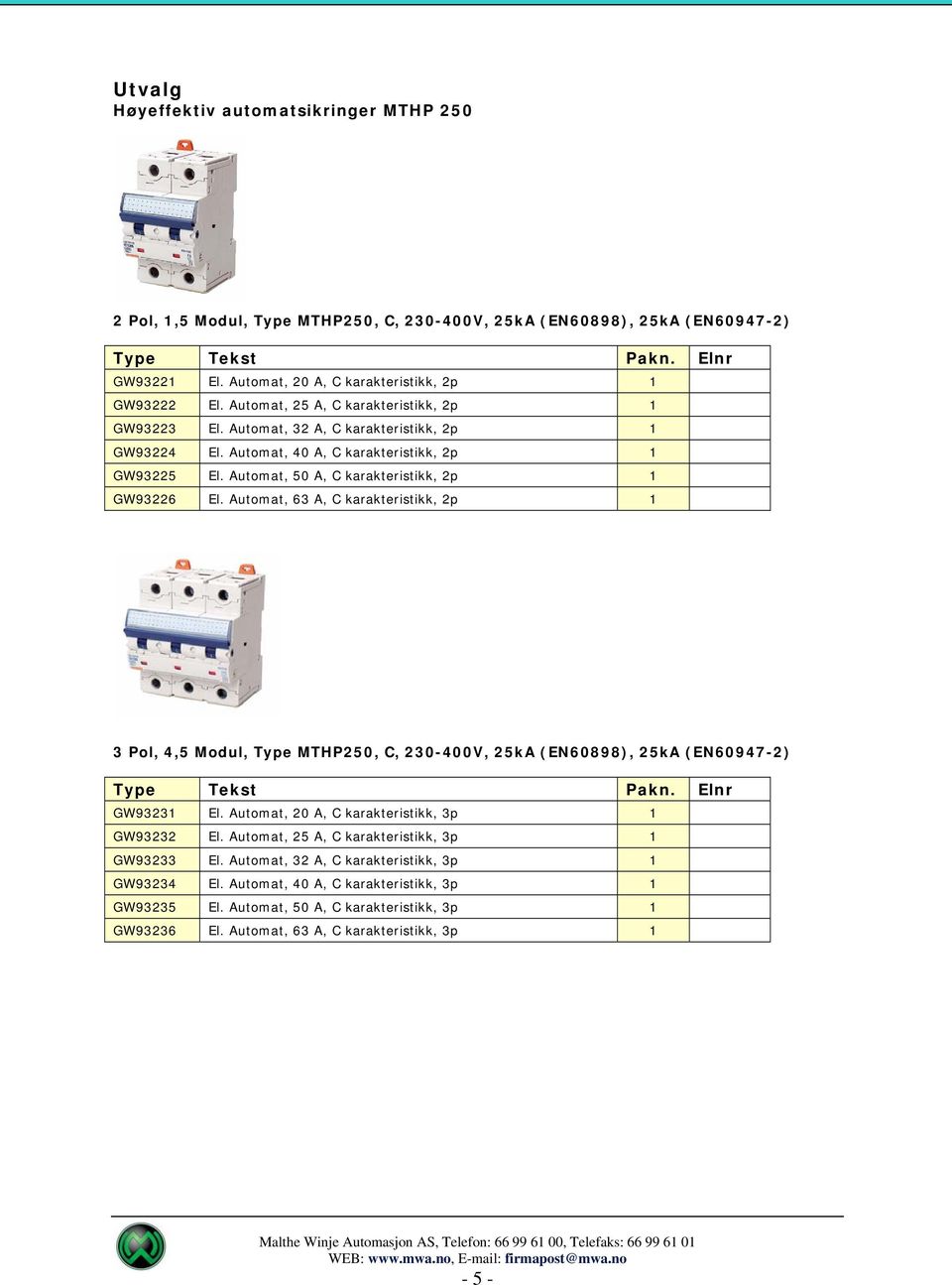 Automat, 63 A, C karakteristikk, 2p 1 3 Pol, 4,5 Modul, Type MTHP250, C, 230-400V, 25kA (EN60898), 25kA (EN60947-2) GW93231 El. Automat, 20 A, C karakteristikk, 3p 1 GW93232 El.