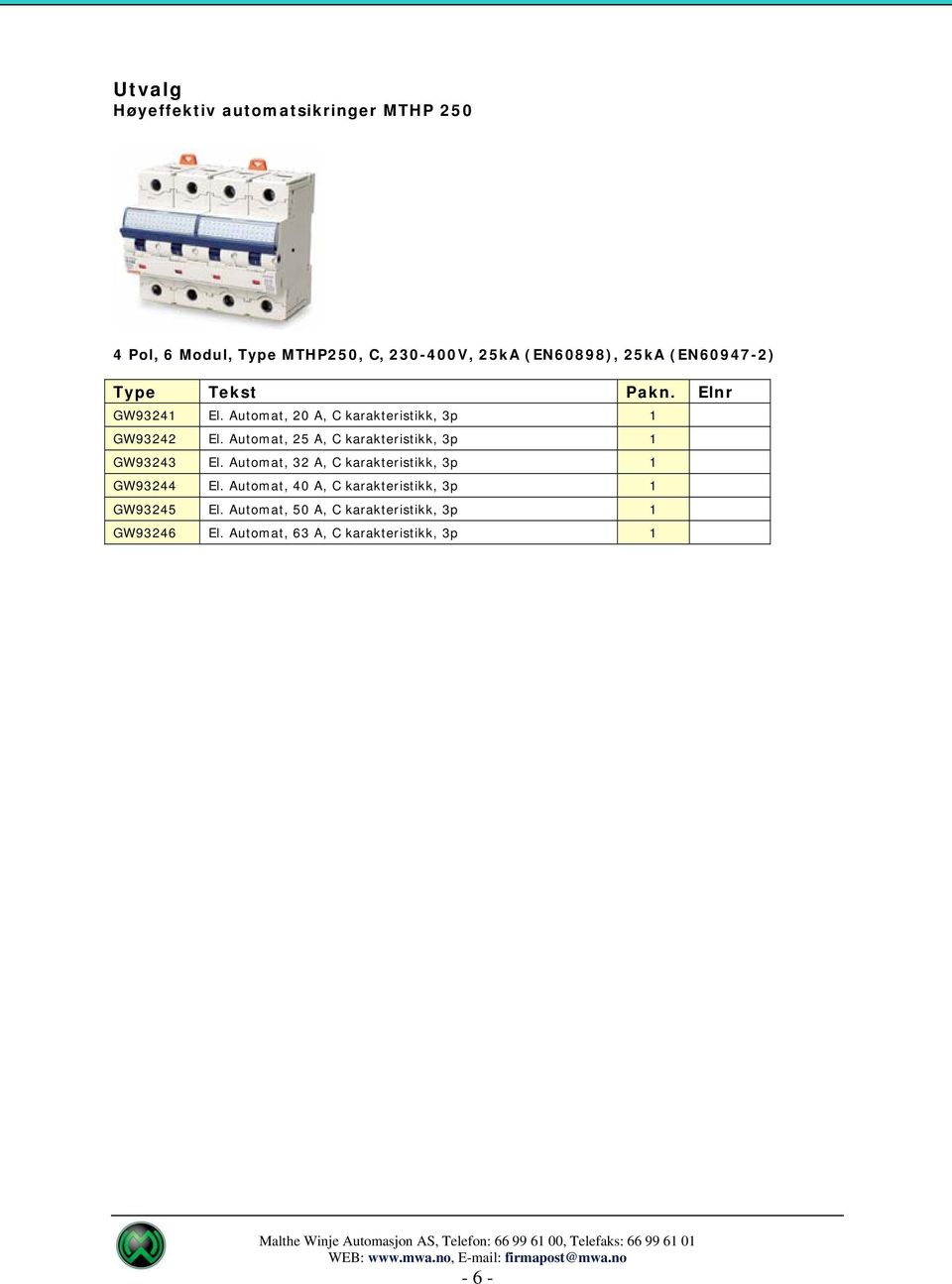 Automat, 25 A, C karakteristikk, 3p 1 GW93243 El. Automat, 32 A, C karakteristikk, 3p 1 GW93244 El.