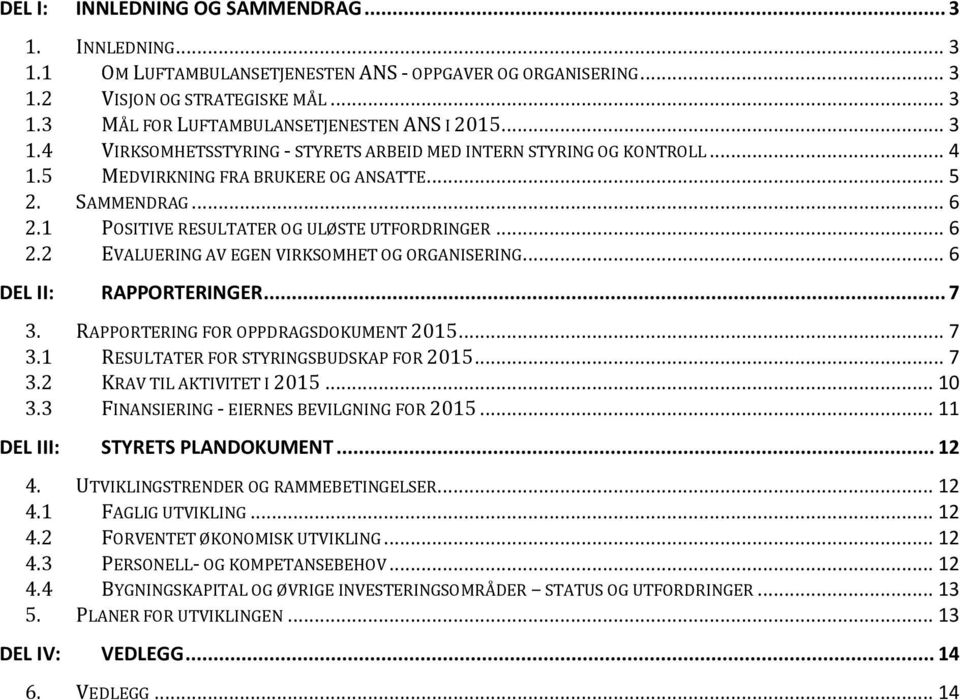 .. 6 DEL II: RAPPORTERINGER... 7 3. RAPPORTERING FOR OPPDRAGSDOKUMENT 2015... 7 3.1 RESULTATER FOR STYRINGSBUDSKAP FOR 2015... 7 3.2 KRAV TIL AKTIVITET I 2015... 10 3.