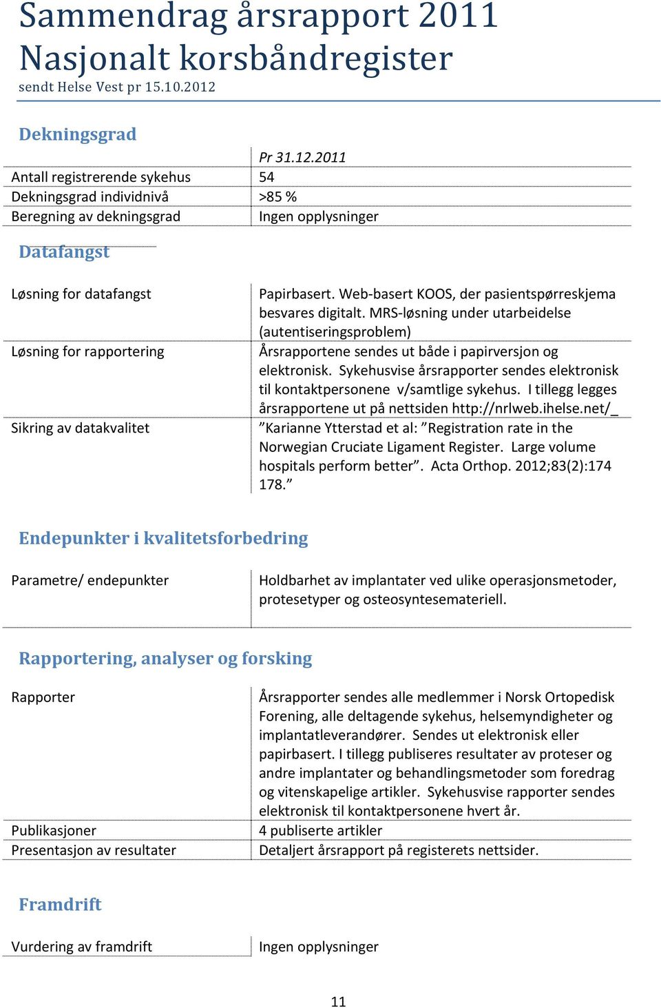 I tillegg legges årsrapportene ut på nettsiden http://nrlweb.ihelse.net/_ Karianne Ytterstad et al: Registration rate in the Norwegian Cruciate Ligament Register.