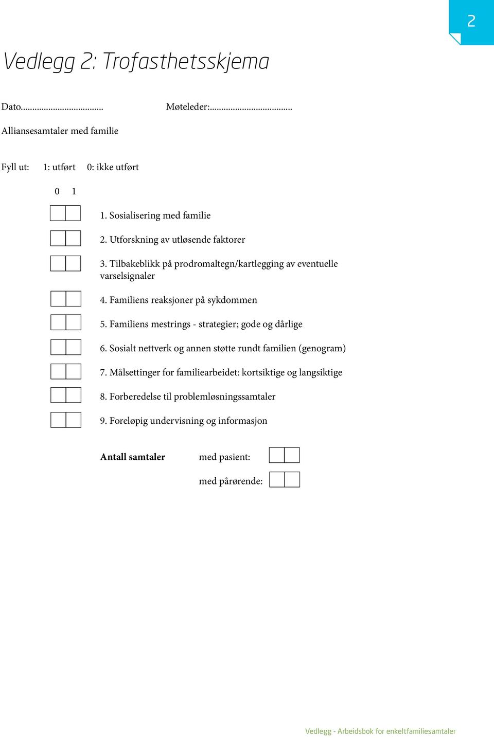 Familiens mestrings - strategier; gode og dårlige 6. Sosialt nettverk og annen støtte rundt familien (genogram) 7.