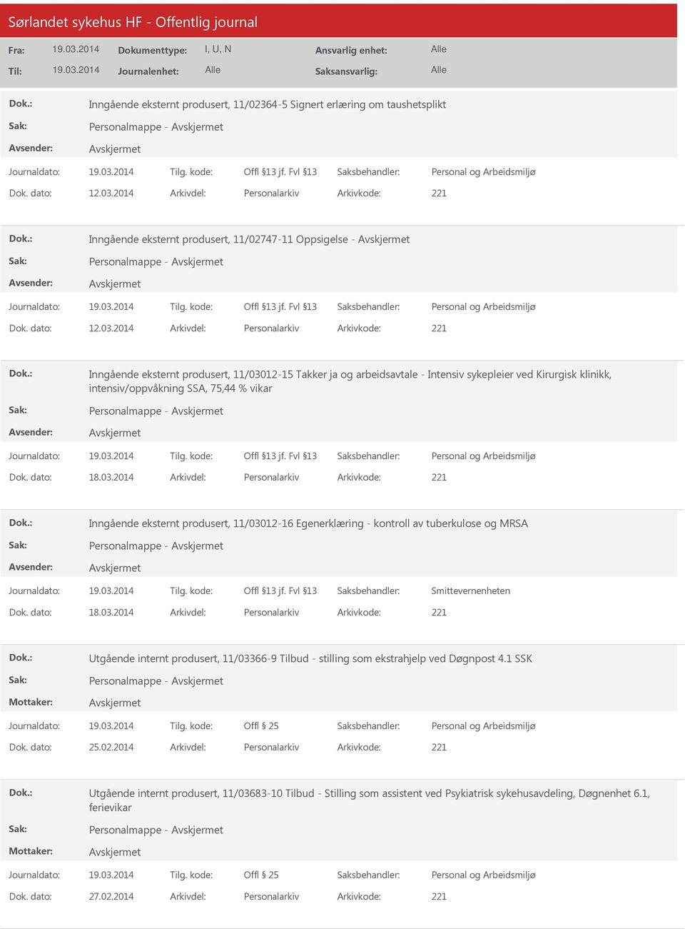2014 Arkivdel: Personalarkiv Arkivkode: 221 Inngående eksternt produsert, 11/03012-15 Takker ja og arbeidsavtale - Intensiv sykepleier ved Kirurgisk klinikk, intensiv/oppvåkning SSA, 75,44 % vikar