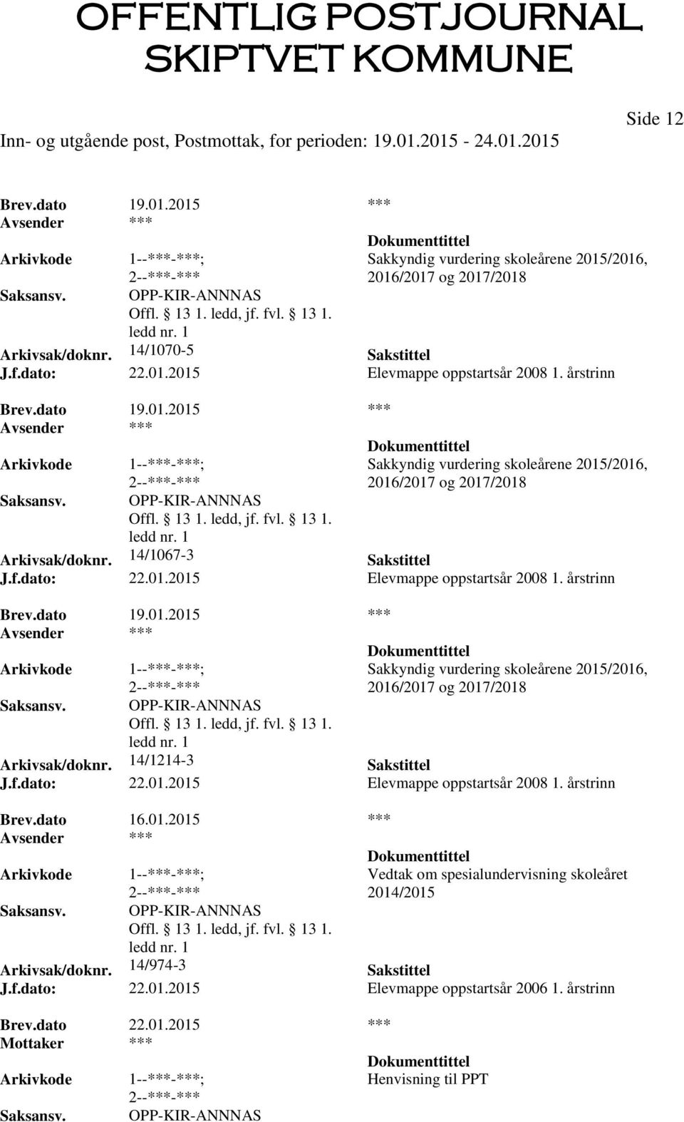 årstrinn OPP-KIR-ANNNAS Sakkyndig vurdering skoleårene 2015/2016, 2016/2017 og 2017/2018 Arkivsak/doknr. 14/1214-3 Sakstittel J.f.dato: 22.01.2015 Elevmappe oppstartsår 2008 1. årstrinn Brev.